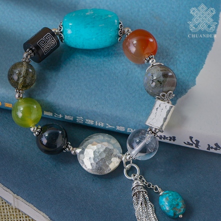 多寶手串-天河石大桶珠+綠碧璽髮晶+岫玉等