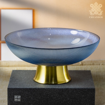 高腳果皿-直線條紋碗型-藍色-鍍金高腳