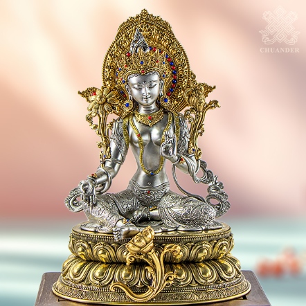 8寸綠度母-白黃銅雙色精雕