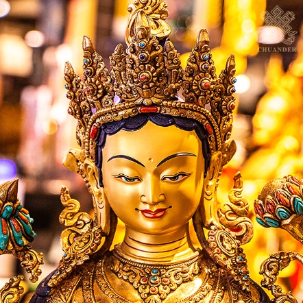 【釋迦族頂級佛像】綠度母-全鎏金-刻花鑲寶石