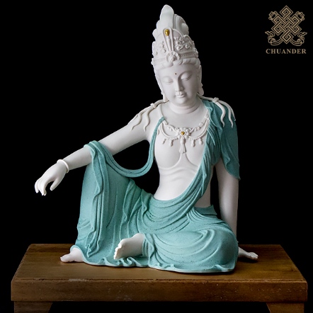 陶瓷佛像-自在觀音30cm-青法衣-含木座