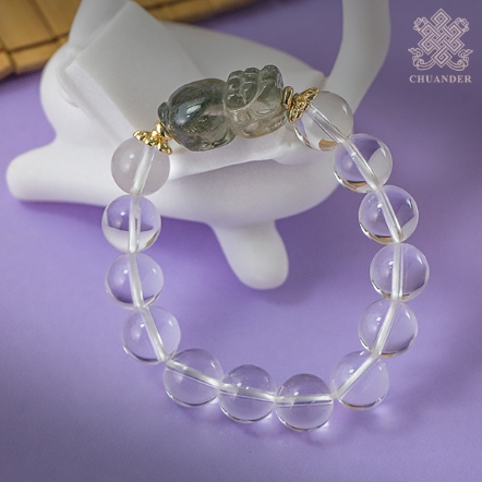 手珠-綠幽靈貔貅+白水晶12mm