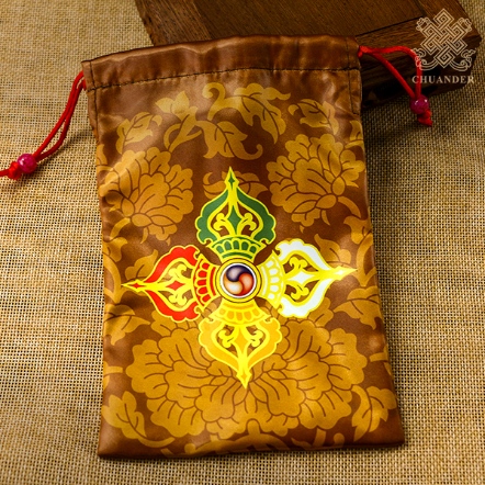 唸珠袋縮口-十字杵+八吉祥-綢布-咖啡色