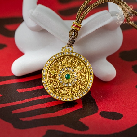 銅沙金鏤空轉運項鍊-八吉祥+六字-雙面佛牌鑲水鑽