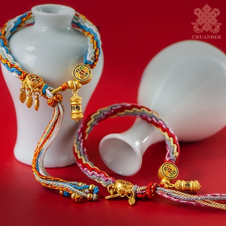 繩編手環-六字咒牌+轉經筒-銅沙金