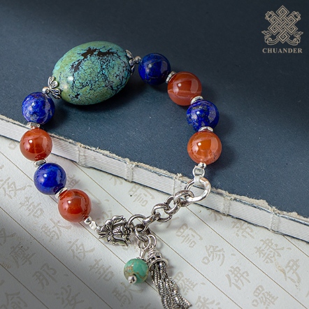 手鍊-大綠松+青金+南紅珠+銀飾