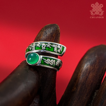 純銀戒指-綠度母心咒-鑲綠瑪瑙-螺旋式活動戒圍