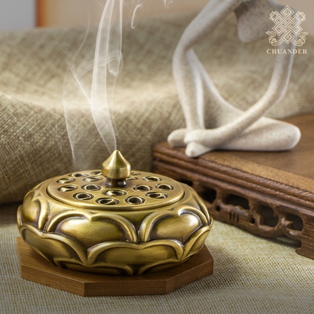 仿古銅爐-蓮瓣浮雕+鏤空蓮篷上蓋