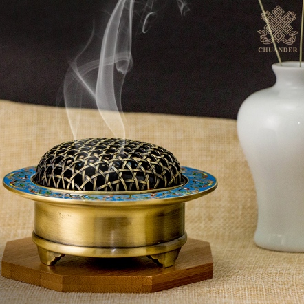 2H圓香爐-景泰藍-蓮花紋+編織蓋-青銅色