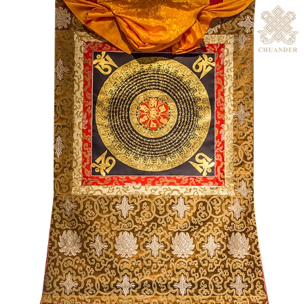 【手繪原畫唐卡】六字大明咒+傳統西藏花布邊