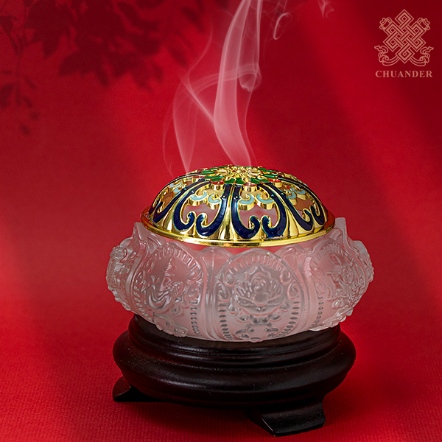 2H白琉璃香爐-立體浮雕八吉祥+合金彩繪上蓋