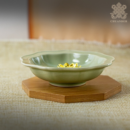 小陶盤+蓮花香架-素面九邊形綠色