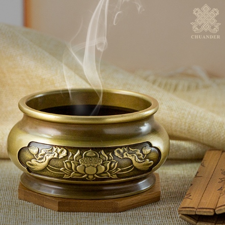 4H圓香爐-銅-浮雕蓮花景中框