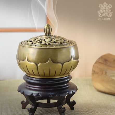 4H圓香爐-蓮花上蓋+浮雕蓮花座-銅