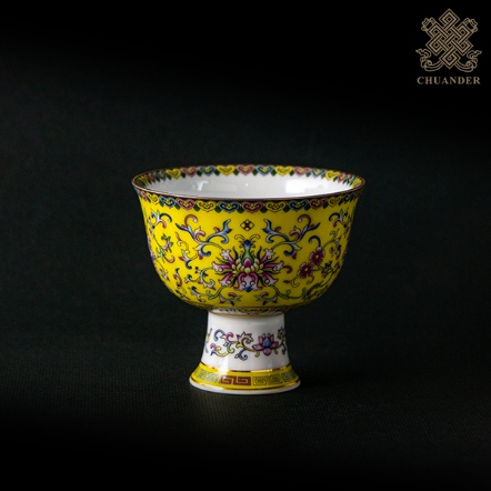 供水杯-琺瑯彩-纏枝蓮-高腳-黃色