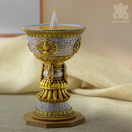 LED電子酥油燈杯-八吉祥浮雕-銀底新款（共三款）