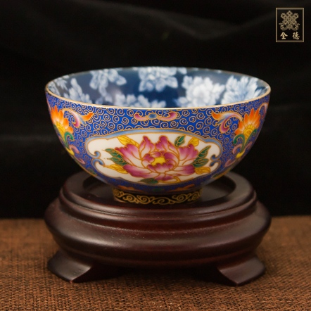 供水杯-牡丹花-彩繪藍底