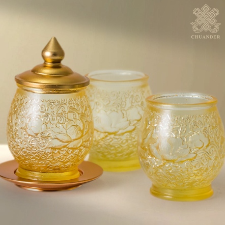 供水杯-黃琉璃-蓮花騰雲+金色蓋（3入一組）（共二款）