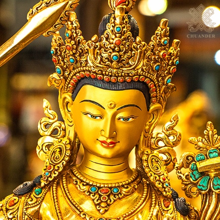 【釋迦族頂級佛像】文殊菩薩-全鎏金-刻花鑲寶石