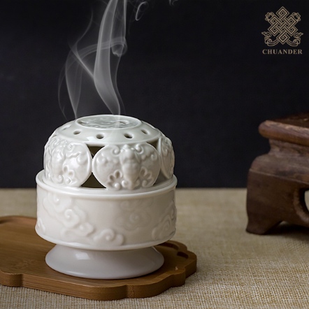 香爐-五福祥雲瓷爐-草木灰釉