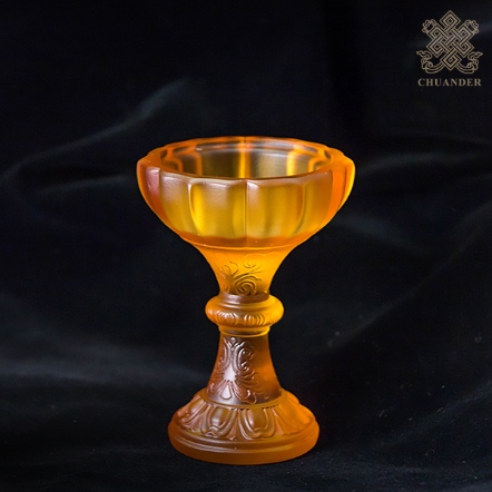 燭台-高腳刻花-黃琉璃（一對）