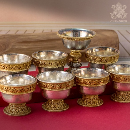 七供杯+油燈杯-純銀高腳-精雕鎏金邊（一套）