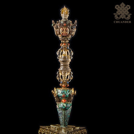 三面普巴杵-銅鑲銀片+寶石