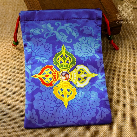 唸珠袋縮口-十字杵+八吉祥-綢布-藍色