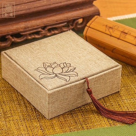 飾品盒-方型-麻質繪蓮花-米色-12x12cm