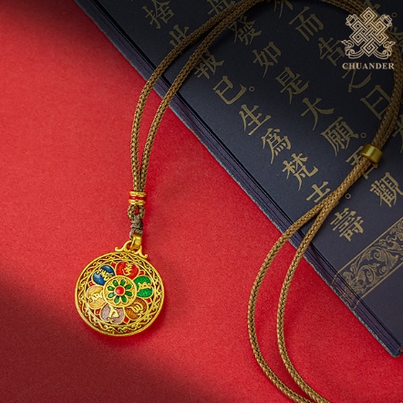 鏤空項鍊-琺瑯彩六字+十字杵-銅沙金