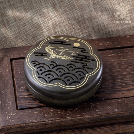 仿古日系銅爐-雲鶴承月-鏤空海水紋上蓋