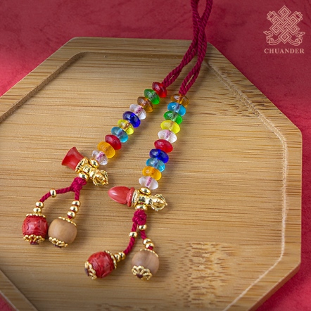 唸珠計數器-七彩琉璃珠+純銀鍍金硃砂鈴杵