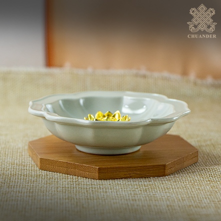 小陶盤+蓮花香架-素面四瓣形淺灰色