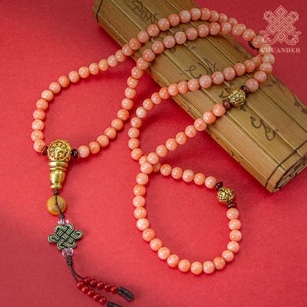 唸珠-粉珊瑚7mm+23K黃金母珠及隔珠