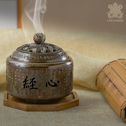 心經圓形鏤空香爐蓮花蓋-仿古色