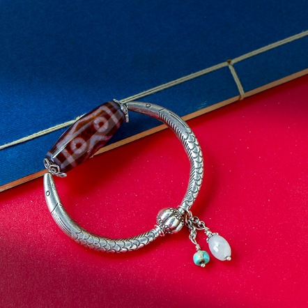 銀管手環-7眼天珠晶化+雙魚半月形銀管