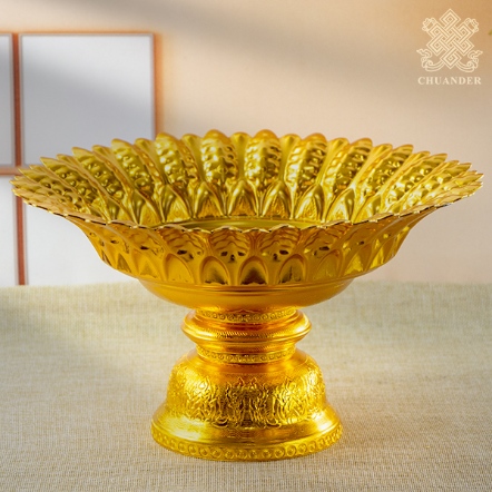 泰式高腳供盤-葉紋邊-鋁鍍金-30cm