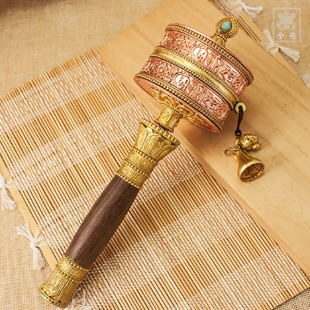 手轉經輪-六字咒-大-紅銅色+黑檀手柄