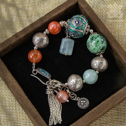 純銀手鍊-花青玉珠+燒蘭純銀珠+南紅