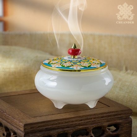 仿玉石三腳香爐-琺瑯彩繪上蓋