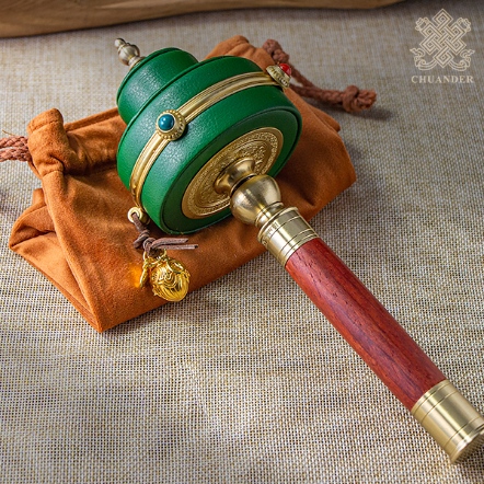 手轉經輪-六字咒+21度母咒-PU皮包純銅+木手柄